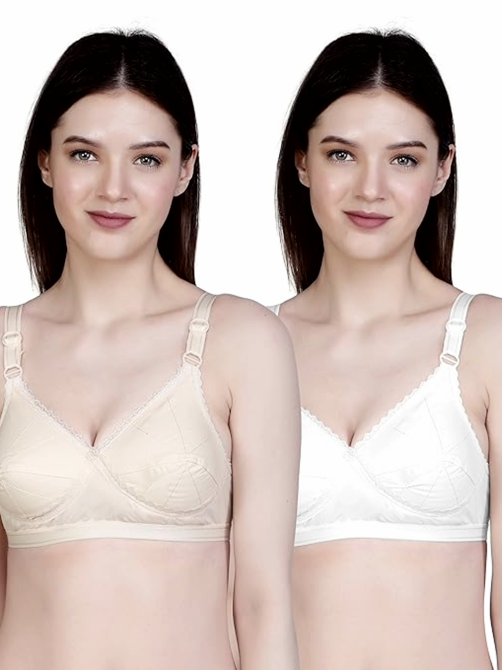ILARIA Star WSB Full Coverage Pure Cotton Regular Bra with Adjustable Straps U Back and Hook & Eye Closure (Set of 2 - White & Beige)